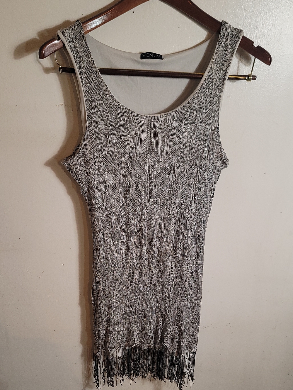 Vintage VENUS Silver Crochet Fringe Tank Dress